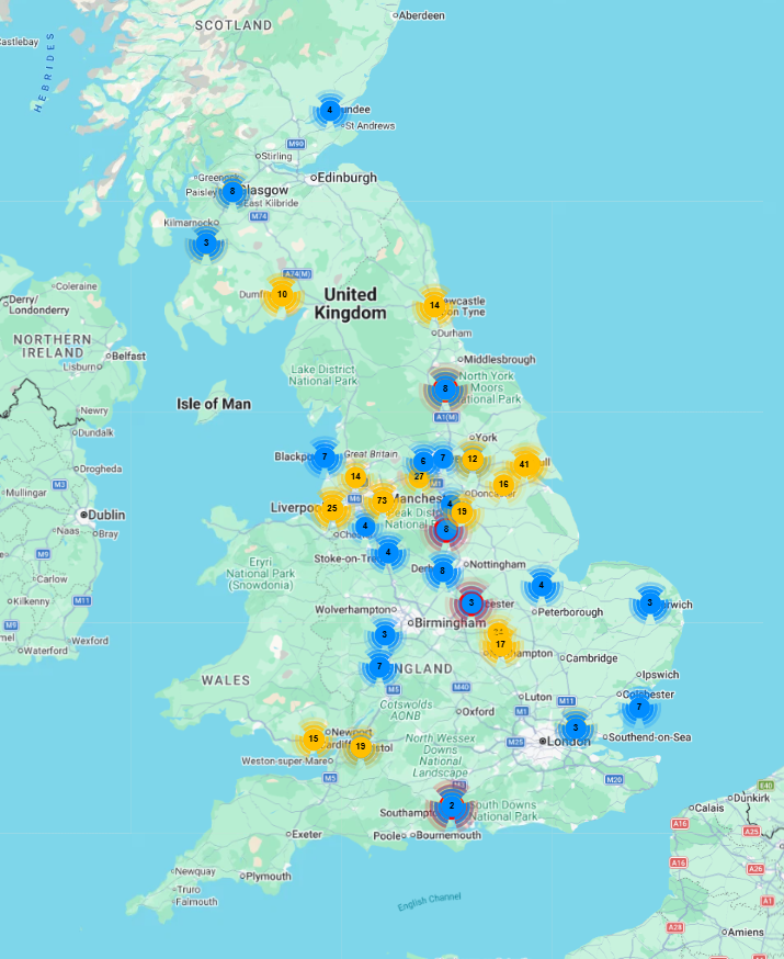 UK map showing clusters of registered offices and directors’ correspondence addresses